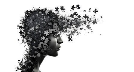 Alzheimer, dementia, epilepsy and autism concept. Neurological disease with memory loss and confused mind. Silhouette of a human head made of black jigsaw puzzle pieces. Mental health awareness.