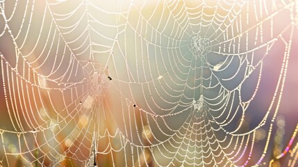 Glistening Dew Drops on Intricate Spiderweb at Sunrise - obrazy, fototapety, plakaty