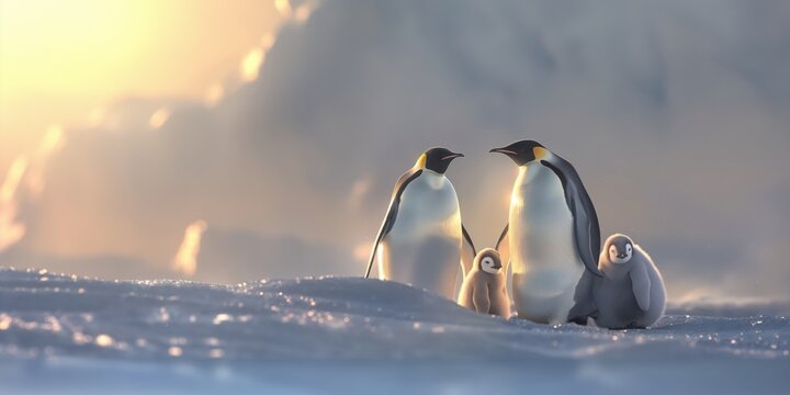 This heartwarming image captures a penguin family in an intimate moment, with the soft glow of sunlight in a frosty arctic setting