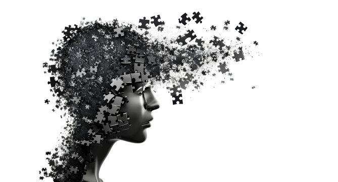 Alzheimer, dementia, epilepsy and autism concept. Neurological disease with memory loss and confused mind. Silhouette of a human head made of black jigsaw puzzle pieces. Mental health awareness. - Powered by Adobe