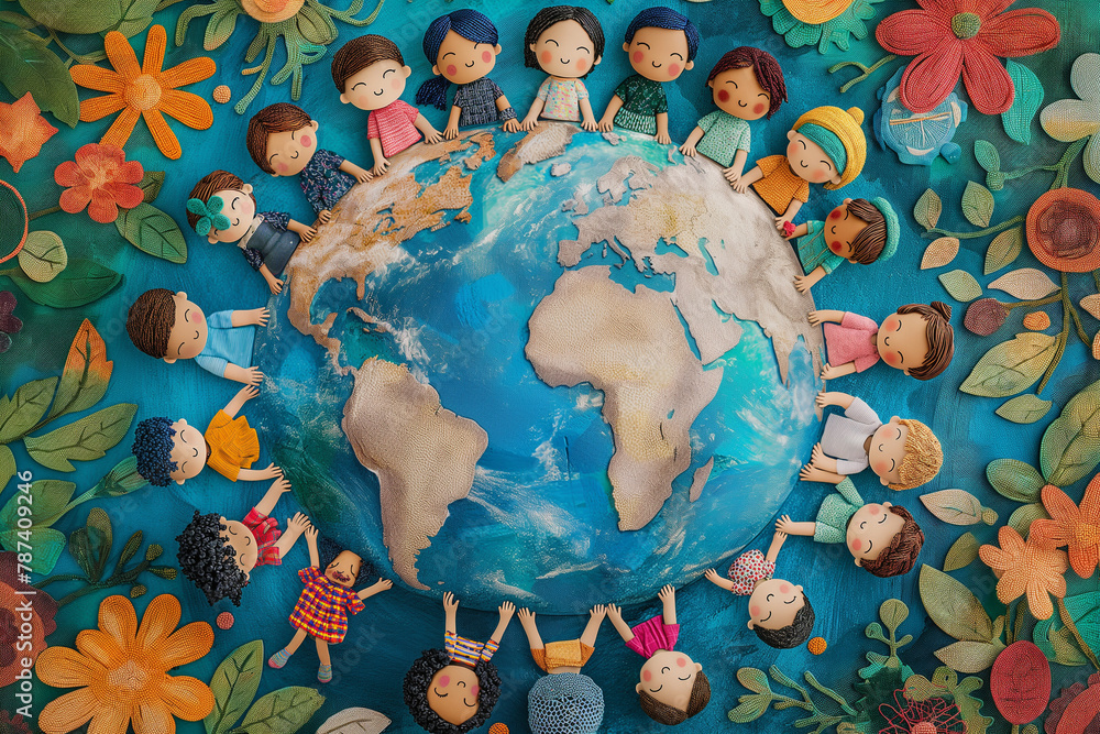 Wall mural Globe illustration depicting children of various cultures holding hands around the world, promoting global unity and conservation, Earth Day, Earth