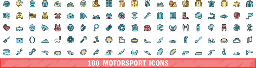 100 motorsport icons set. Color line set of motorsport vector icons thin line color flat on white