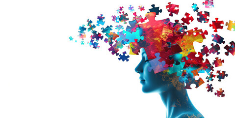 Alzheimer, dementia, epilepsy and autism concept. Neurological disease with memory loss and confused mind. Silhouette of a human head made of colorful jigsaw puzzle pieces. Mental health awareness. - obrazy, fototapety, plakaty