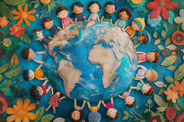 Globe illustration depicting children of various cultures holding hands around the world, promoting global unity and conservation, Earth Day, Earth - obrazy, fototapety, plakaty