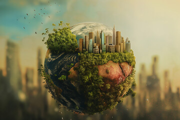 Illustration of a globe with half thriving nature and half urban development, illustrating the balance between urbanization and conservation, Earth Day, Earth - obrazy, fototapety, plakaty