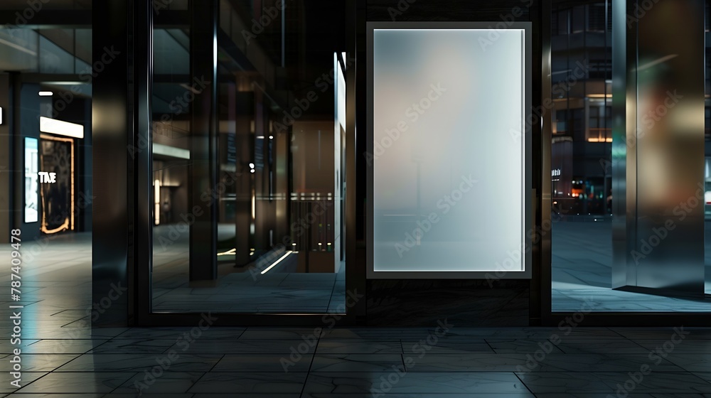 Poster large blank banner in a shop window at night mock up 3d render : generative ai