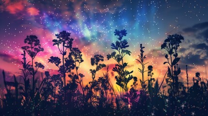 Enchanting Twilight Silhouette of Wildflowers Against Cosmic Sky