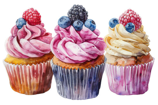 Watercolor cupcakes with berries on top illustration isolated on transparent background