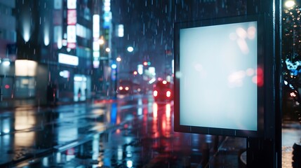 Fototapeta premium Mock up of blank advertising light box rainy city at night : Generative AI