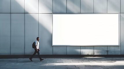 A mockup of a street billboard against a gray wall with a man walking by : Generative AI