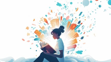 A woman is reading a book while surrounded by a colorful explosion of shapes