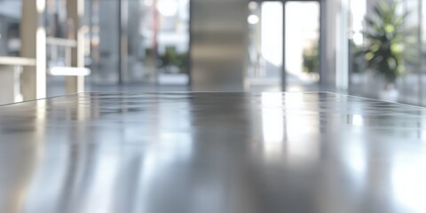 A slick image showcasing a close-up of a glossy office table reflecting a blurry office environment hinting at corporate life