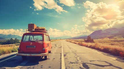 Orange vintage van traveling on a deserted road with clear blue sky and fluffy clouds - obrazy, fototapety, plakaty
