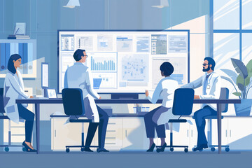 A medical research team in an illustration reviewing clinical trial data on a large monitor in a conference room with soft morning light, natural light, soft shadows