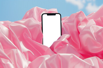Smartphone mockup on pink cloth background. Mobile phone with blank screen. App advertising mockup