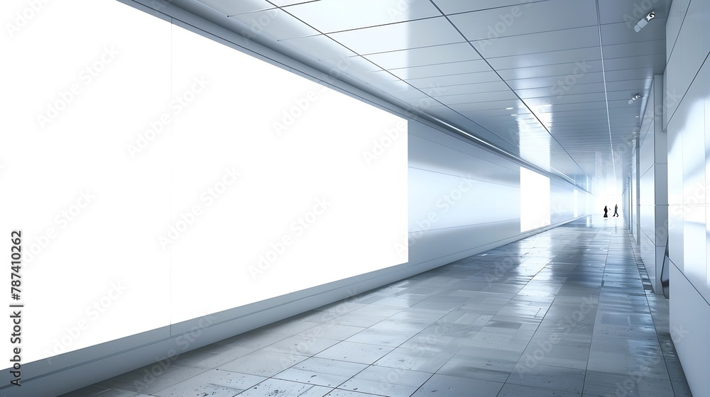 Poster OOH Extrreme Horizontal blank advertising billboard poster template mock up in a long tunnel walkway outofhome media display space mockup in pedestrian linkway digital display : Generative AI