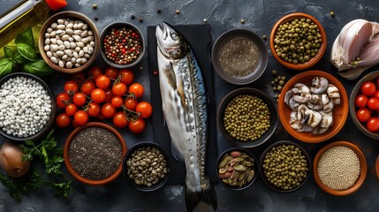 A fish dish surrounded by vegetables and spices, a recipe with fresh ingredients - obrazy, fototapety, plakaty