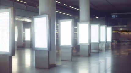 Empty flight information mockup boards in Barcelona airport Standing against a column bathed in bright white light awaiting passengers attention : Generative AI