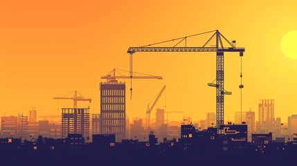 Digital illustration of urban skyline with construction cranes at sunset