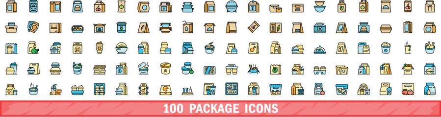 100 package icons set. Color line set of package vector icons thin line color flat on white