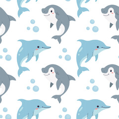 Marine pattern with cute dolphins and sharks on a white background. Design for children's products, wrapping paper, nursery wallpaper. Vector illustration