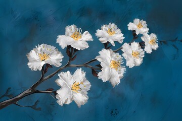 Branch painting with white flowers on blue background, artistic essence