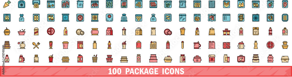Poster 100 package icons set. color line set of package vector icons thin line color flat on white