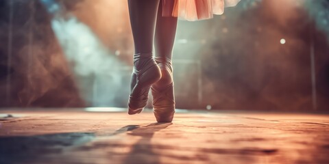 A ballerina stands en pointe in a spotlight, embodying determination, grace, and the art of classical ballet