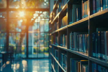 Obraz premium Close-up modern library on blurred background with daylight. Selective focus.