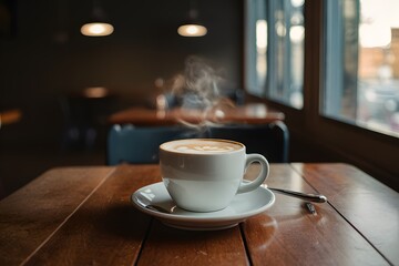 Cafe ambiance coffee cup on wooden table in cozy atmosphere