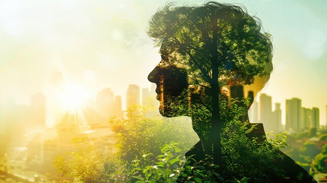 Double exposure of human profile silhouette and big green city, sustainable environment concept