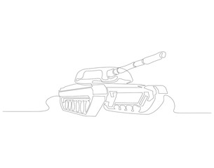 Continuous line drawing of tank. One line of military tank. War vehicle concept continuous line art. Editable outline