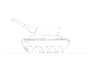 Continuous line drawing of tank. One line of military tank. War vehicle concept continuous line art. Editable outline