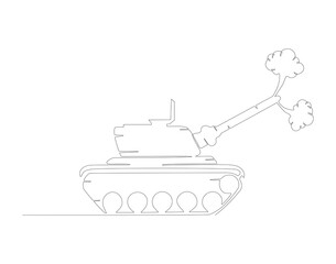 Continuous line drawing of tank. One line of military tank. War vehicle concept continuous line art. Editable outline