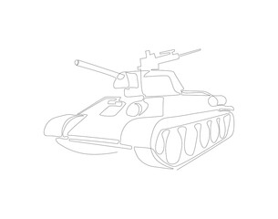 Continuous line drawing of tank. One line of military tank. War vehicle concept continuous line art. Editable outline