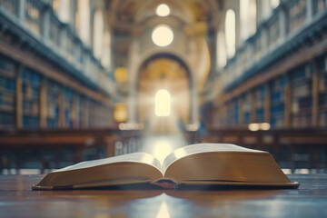 Open book on a table. Blurred old library on a background.