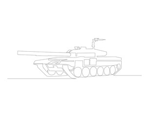 Continuous line drawing of tank. One line of military tank. War vehicle concept continuous line art. Editable outline