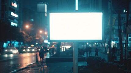 Billboard in a stop White field for advertising glowing at night in the city Vertical Field Mockup with people in the background : Generative AI