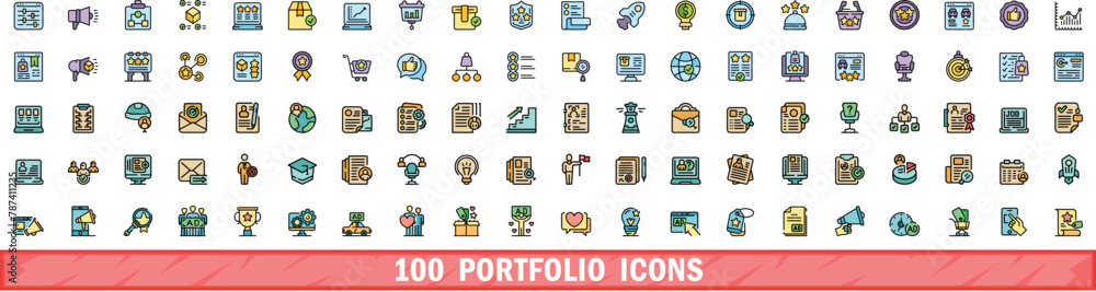 Poster 100 portfolio icons set. color line set of portfolio vector icons thin line color flat on white - Posters