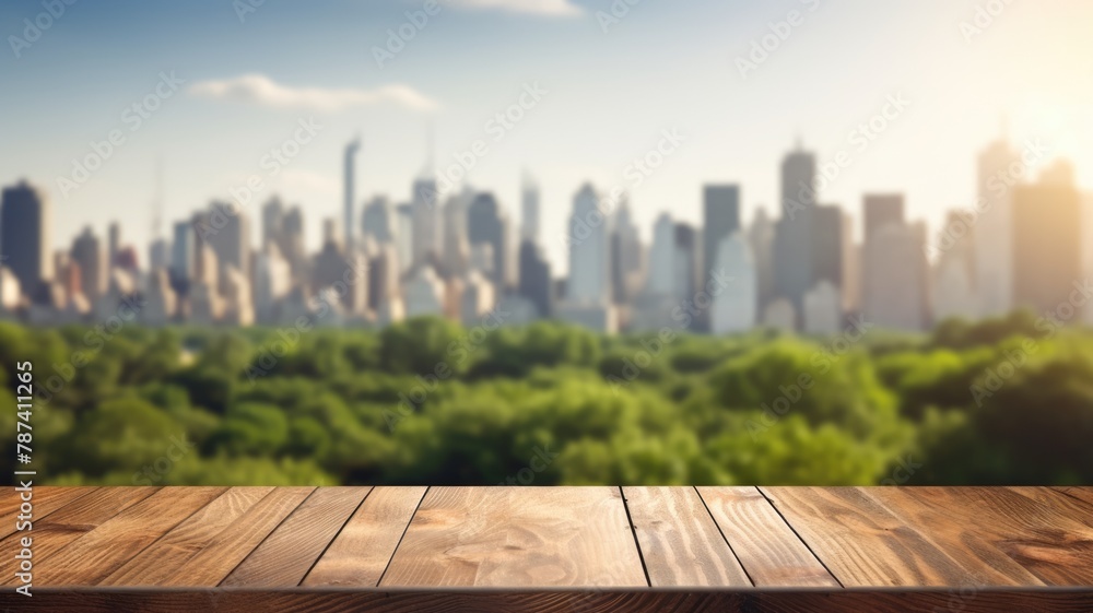 Poster the empty wooden table top with blur background of city park skyline. exuberant image. generative ai