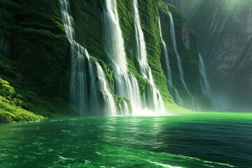 Majestic Green Waterfall Oasis in Lush Landscape