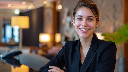 Fototapeta na wymiar Confident young woman with a welcoming smile at reception. Corporate business portrait with warm ambient lighting.