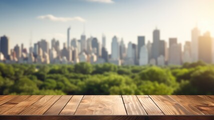 The empty wooden table top with blur background of city park skyline. Exuberant image. generative ai