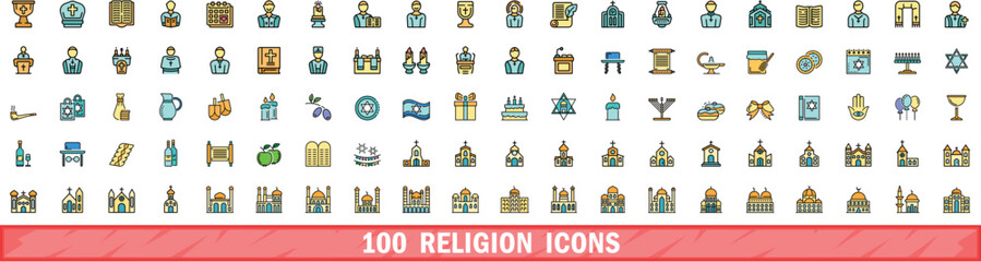 100 religion icons set. Color line set of religion vector icons thin line color flat on white