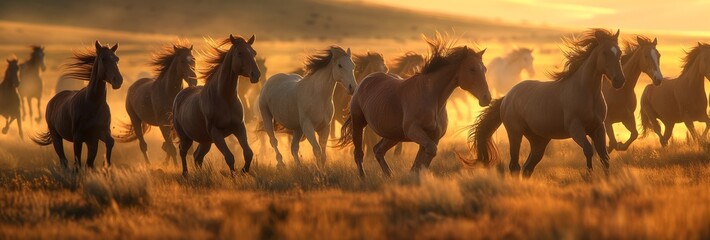 Majestic wild horses galloping in the golden light of sunset across the grassy plains, showcasing their power and freedom - obrazy, fototapety, plakaty