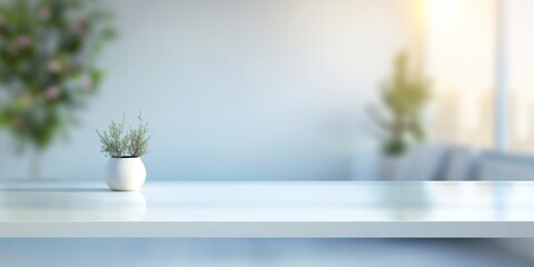 A simple and elegant white vase holding a delicate green plant, positioned on a clean tabletop with soft light - obrazy, fototapety, plakaty