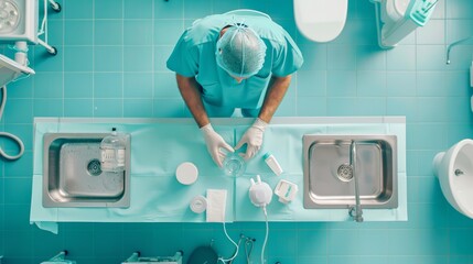 Surgeon preparing surgical equipment on a blue surface. Aerial view of medical procedure preparation concept