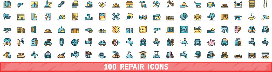 100 repair icons set. Color line set of repair vector icons thin line color flat on white