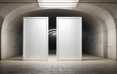 Two empty advertising banners are displayed in an outdoor media lightbox within an underground...