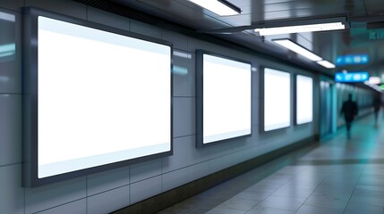 Three mock up the white screen billboard in subway station for advertising information or media on wall of corridor blur passenger walking through the left : Generative AI - Powered by Adobe